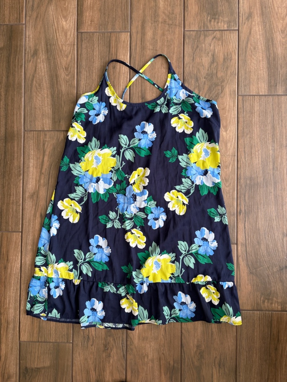 Navy Floral Spaghetti Strap Sundress with Ruffle Hem